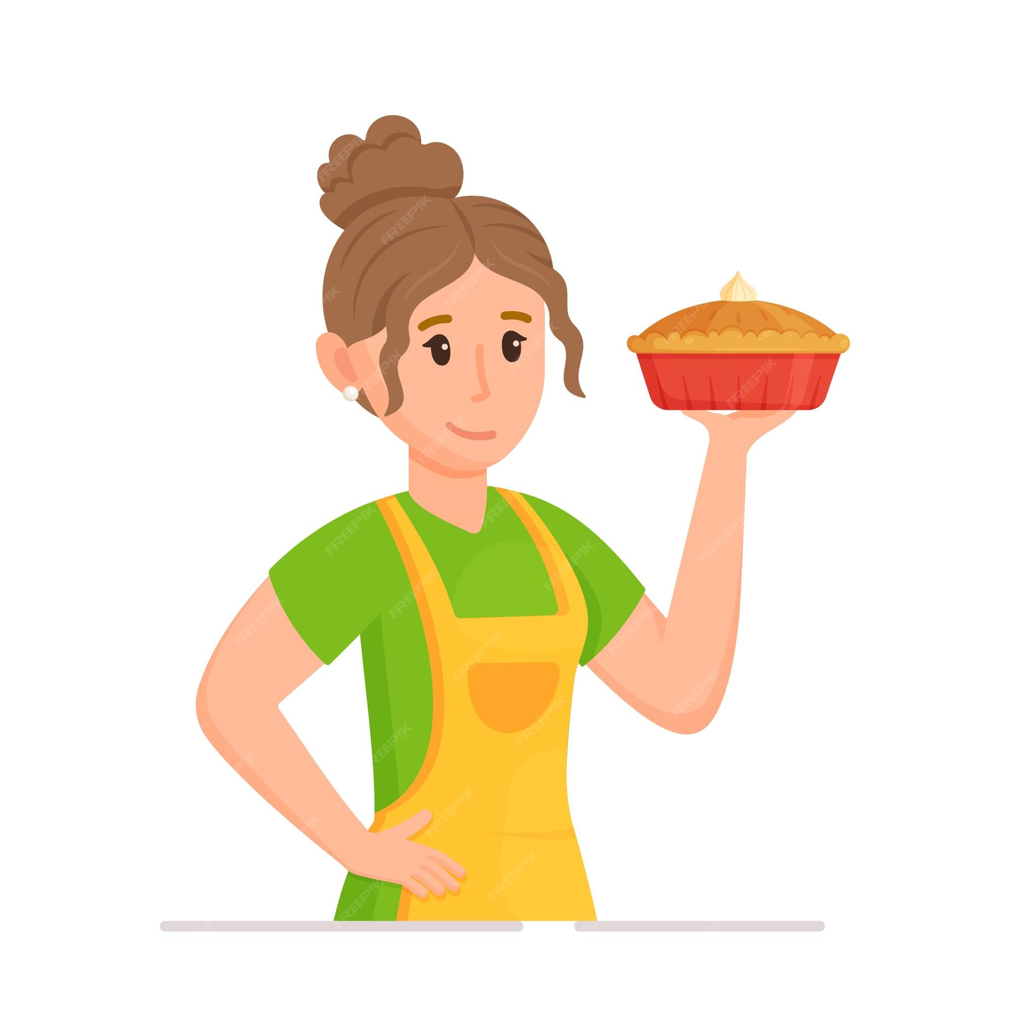 Dona De Casa Engraçada Dos Desenhos Animados Com Bolo. Dona De Casa De  Vetor Feliz Com Produtos De Padaria. Mulher Bonita No Velho Estilo Retrô.  Jovem Senhora Fazendo Torta. Ilustraciones svg, vectoriales