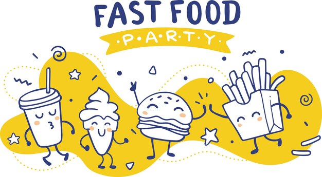 Vetor ilustração vetorial de uma festa de amigos de fast food em fundo amarelo happy french fries cola burger