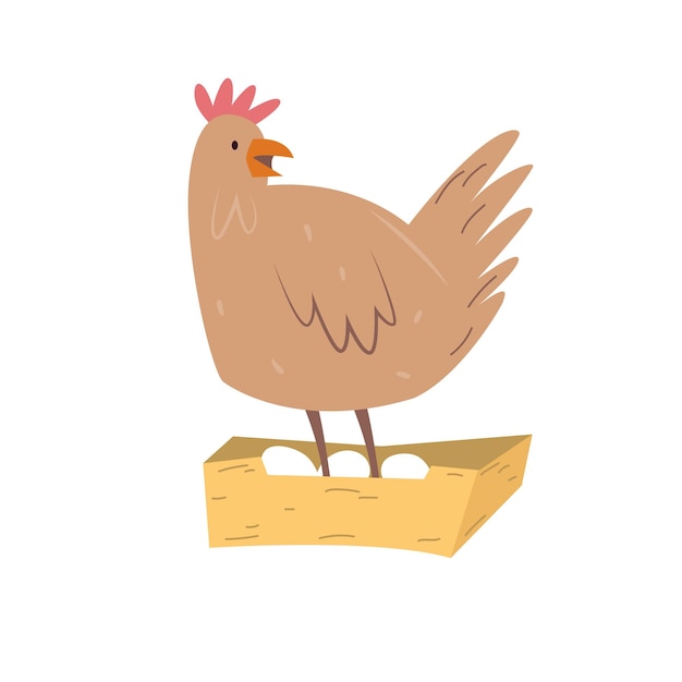Vetor ilustração vetorial de uma galinha fofa com ovos design de animais de fazenda