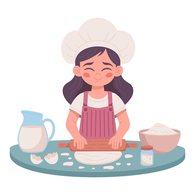 Ilustração vetorial de uma garota cozinheira amassando massa na mesa da cozinha