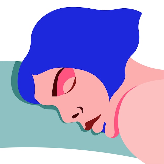 Ilustração vetorial de uma garota dormindo na cama com a cabeça em um travesseiro em um fundo branco