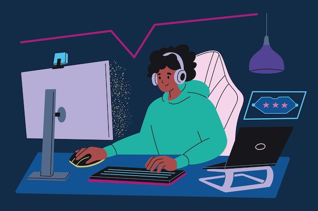 Ilustração vetorial de uma garota jogadora de videogame com fone de ouvido jogando videogame de computador com teclado e rato