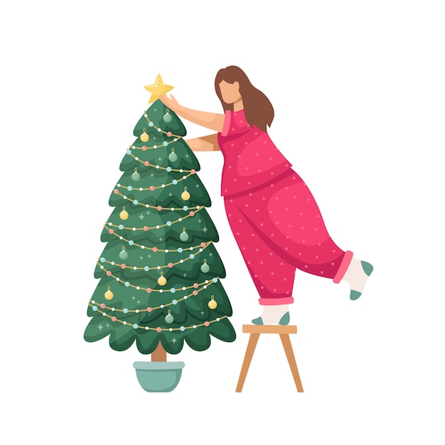 Ilustração vetorial de uma garota pendurando uma bola de Natal em uma árvore de Natal Feriados de Ano Novo