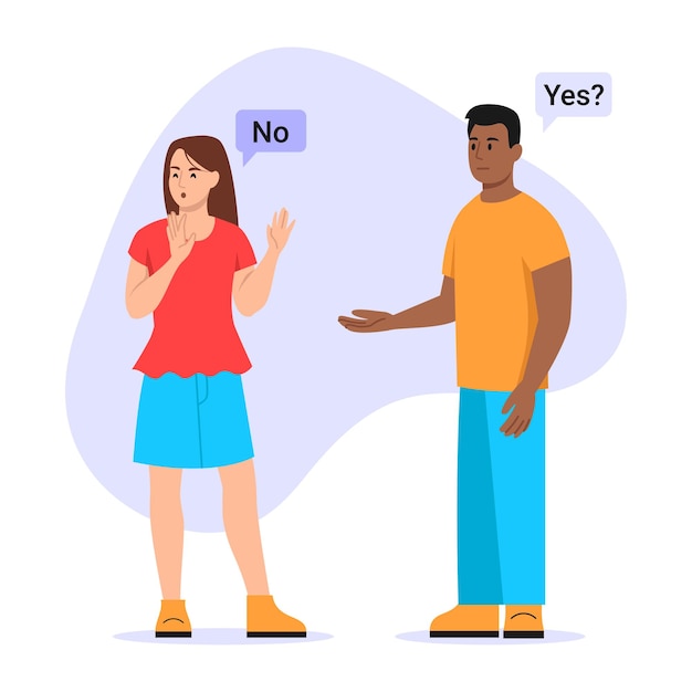 Ilustração vetorial de uma garota rejeitando um cara Ceneja de desenho animado de uma menina dizendo não a um cara isolado em um fundo branco Sim ou não conceito Casal com emoções diferentes