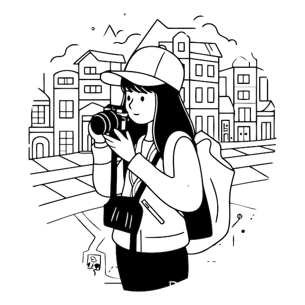 Vetor ilustração vetorial de uma garota turista com uma câmera na cidade