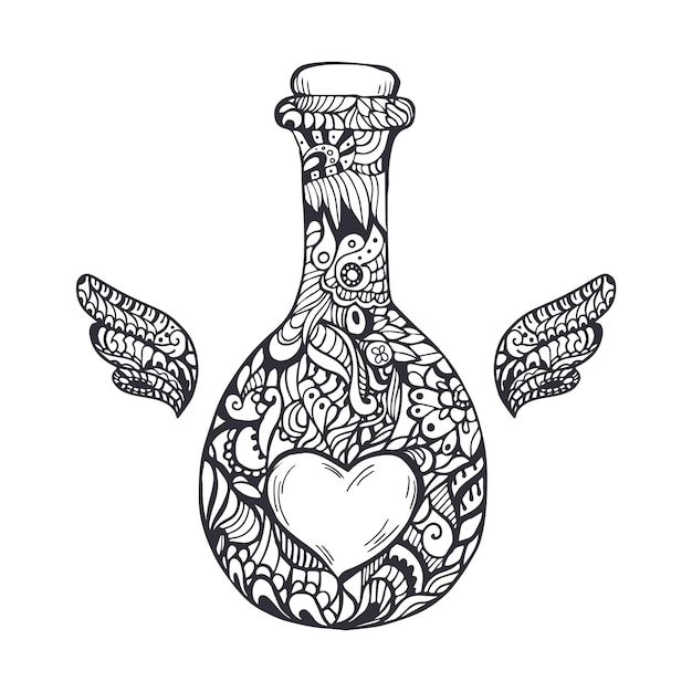 Vetor ilustração vetorial de uma garrafa de poção de amor com padrões adequados para colorir