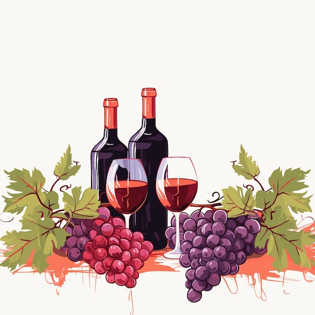 Vetor ilustração vetorial de uma garrafa de vidro de vinho e um feixe de uvas na natureza morta