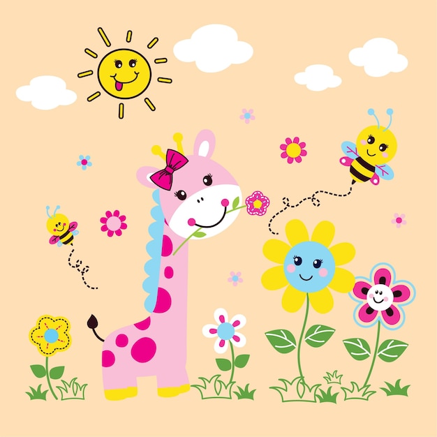 Vetor ilustração vetorial de uma girafa de desenho animado fofa decorada com flores