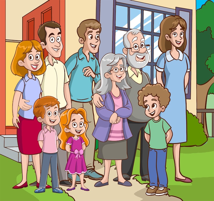 Vetor ilustração vetorial de uma grande família feliz personagens de pé juntos sorrindo
