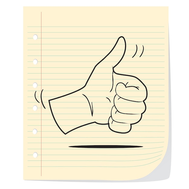 Vetor ilustração vetorial de uma imagem do polegar para cima desenhada em papel de nota isolado em branco