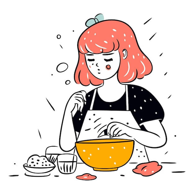 Vetor ilustração vetorial de uma jovem cozinhando na cozinha em estilo desenho animado