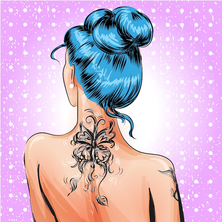 Vetor ilustração vetorial de uma jovem mulher com tatuagem de pé para trás pinup garota em estilo cômico de arte pop retro