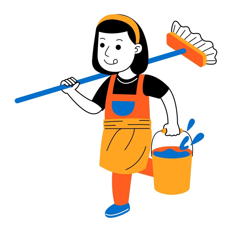 Ilustração vetorial de uma jovem mulher limpa a casa