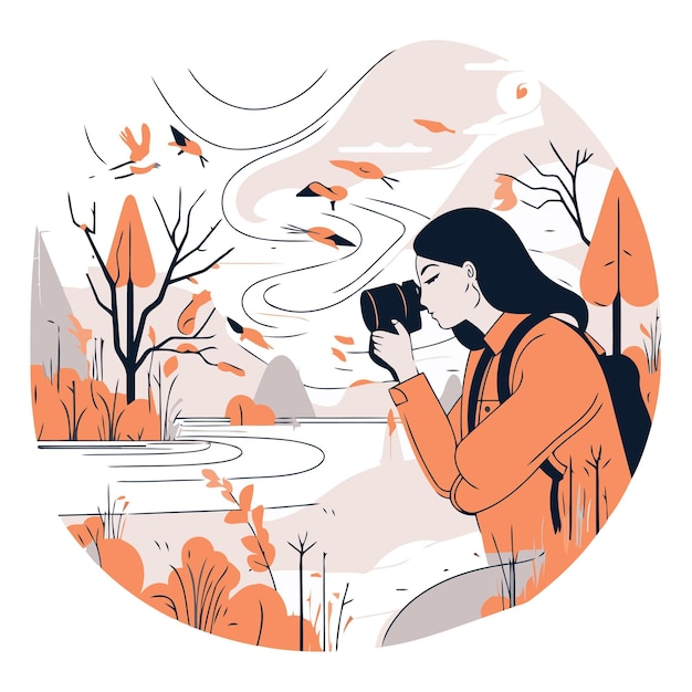 Vetor ilustração vetorial de uma jovem tomando uma foto de uma paisagem de outono