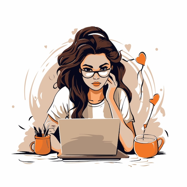 Vetor ilustração vetorial de uma jovem trabalhando em um laptop em casa