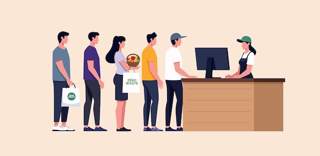 Ilustração vetorial de uma linha de caixa de supermercado com clientes e caixa