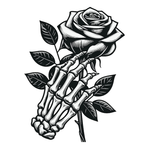 Ilustração vetorial de uma mão esquelética segurando uma flor de rosa