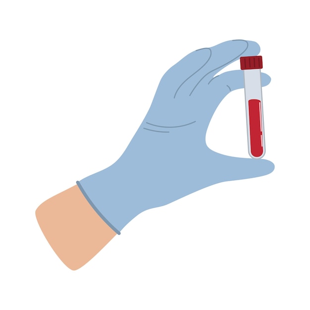 Ilustração vetorial de uma mão luvada segurando um tubo de ensaio cheio de sangue simbolizando laboratório