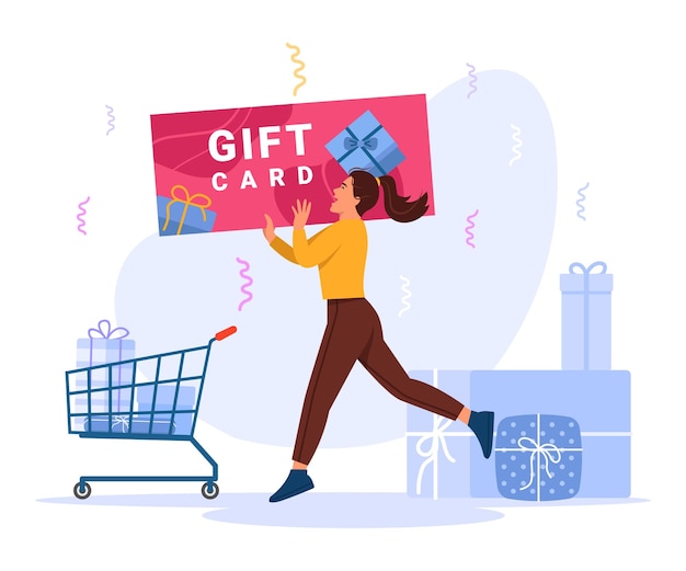 Ilustração vetorial de uma menina alegre com um cartão-presente Cena de desenho animado de uma garota feliz segurando um cartão de presente e um carrinho de compras confeti isolado em fundo branco