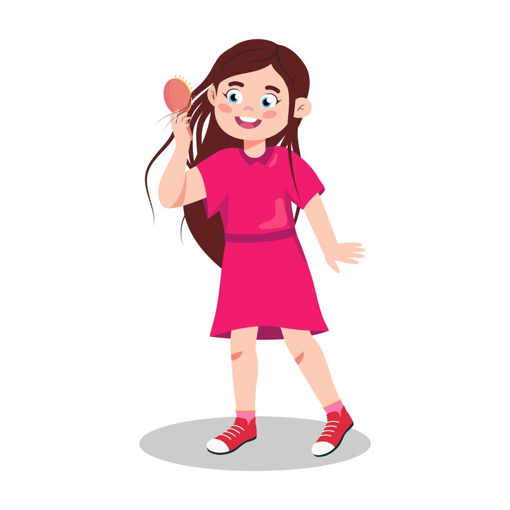 Vetor ilustração vetorial de uma menina bonita e encantadora penteando seu cabelo cena de desenho animado com uma menina sorridente com belos cabelos longos segurando um pente e penteando seus cabelos em um fundo branco