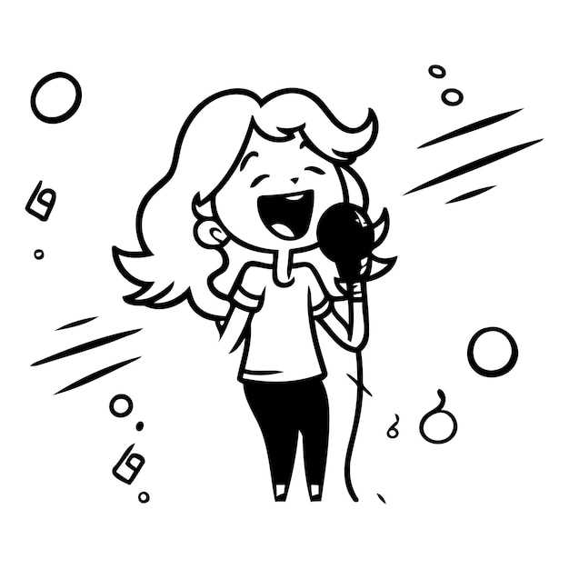 Ilustração vetorial de uma menina cantando karaoke com microfone em estilo de desenho animado