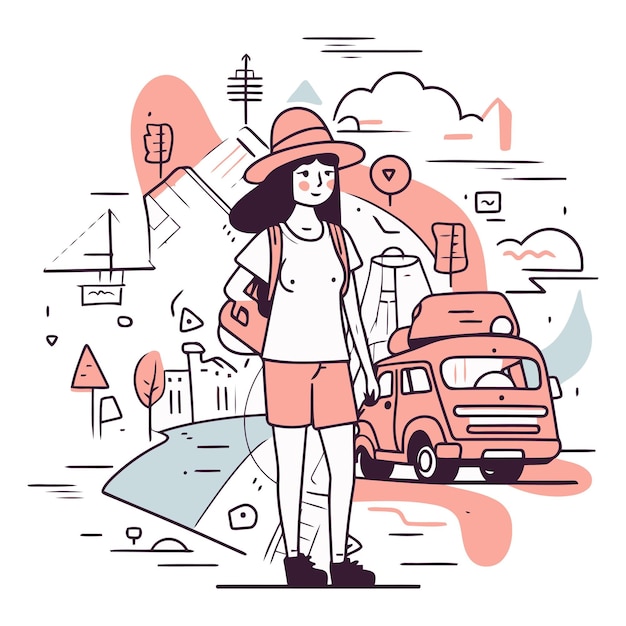 Ilustração vetorial de uma menina com um chapéu e uma mochila no fundo da cidade