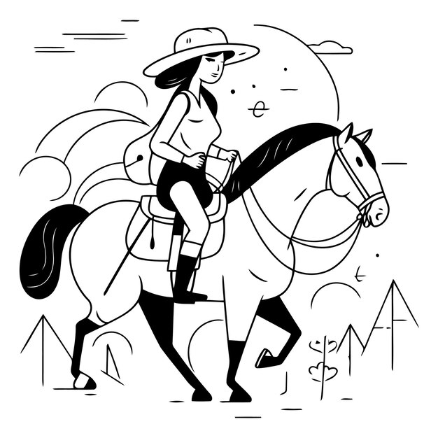 Vetor ilustração vetorial de uma menina com um chapéu montando um cavalo no deserto