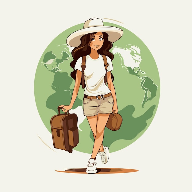 Vetor ilustração vetorial de uma menina com uma mala no fundo do mapa do mundo