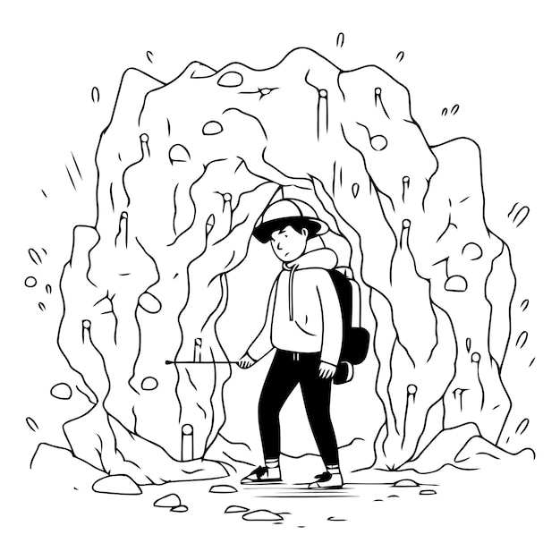 Vetor ilustração vetorial de uma menina com uma mochila caminhando em uma caverna