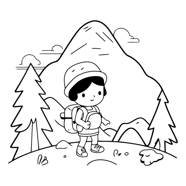 Vetor ilustração vetorial de uma menina com uma mochila caminhando nas montanhas