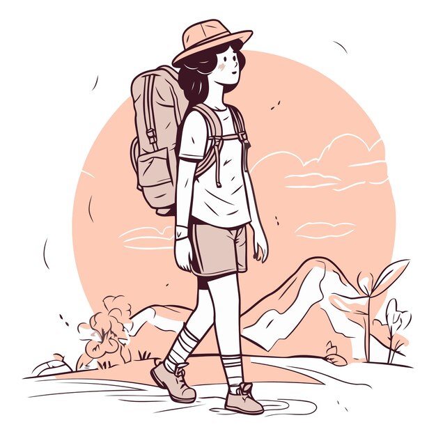 Vetor ilustração vetorial de uma menina com uma mochila caminhando nas montanhas