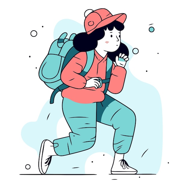 Vetor ilustração vetorial de uma menina com uma mochila e um boné correndo