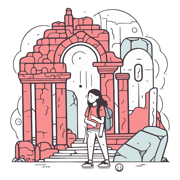 Vetor ilustração vetorial de uma menina com uma mochila e uma bola no fundo de um edifício antigo