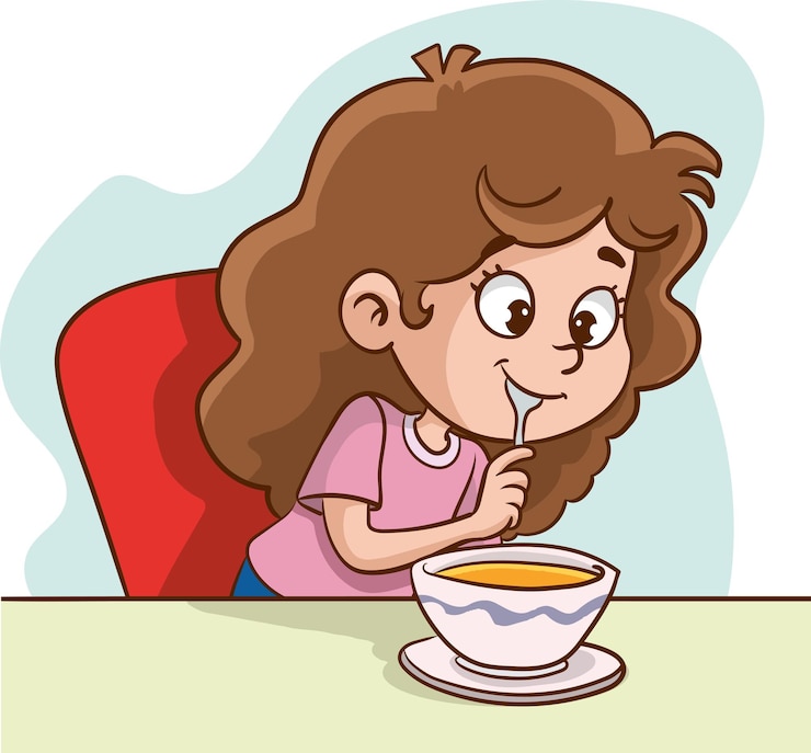 Vetor ilustração vetorial de uma menina comendo sopa