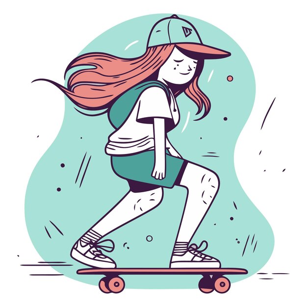 Ilustração vetorial de uma menina de cabelo longo andando de skate