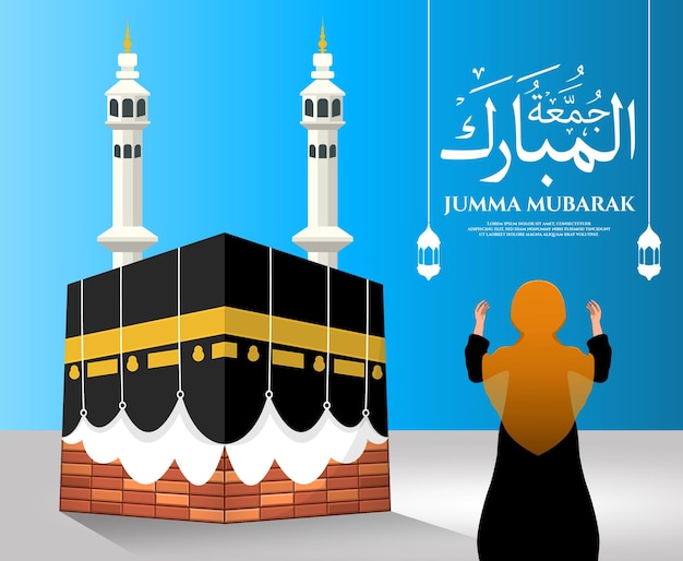 Ilustração vetorial de uma menina de costas rezando em Meca para Jumma Mubarak alharam mesquita Kaaba em