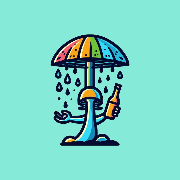 Ilustração vetorial de uma menina de pé com um guarda-chuva de cogumelo na chuva