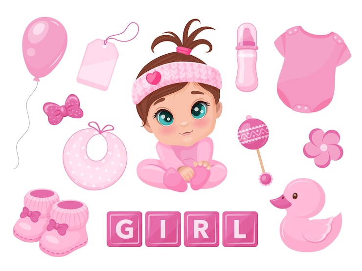 Vetor ilustração vetorial de uma menina em uma camisola rosa com vários itens de bebê ideais para criar