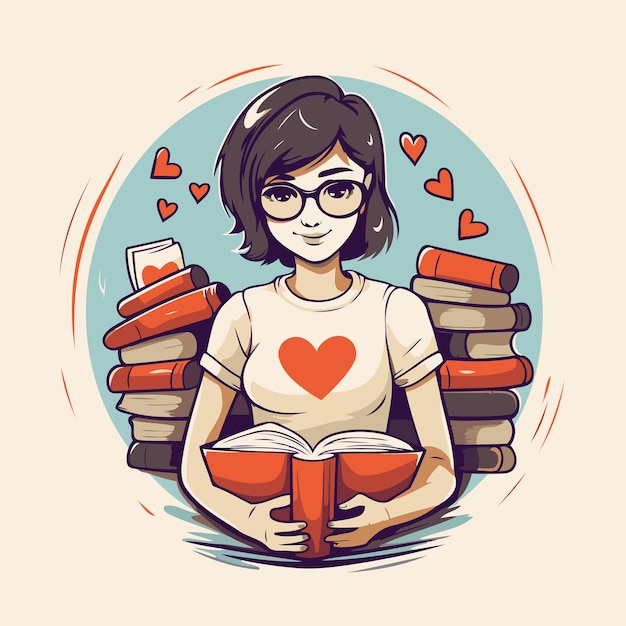 Vetor ilustração vetorial de uma menina lendo um livro menina com óculos