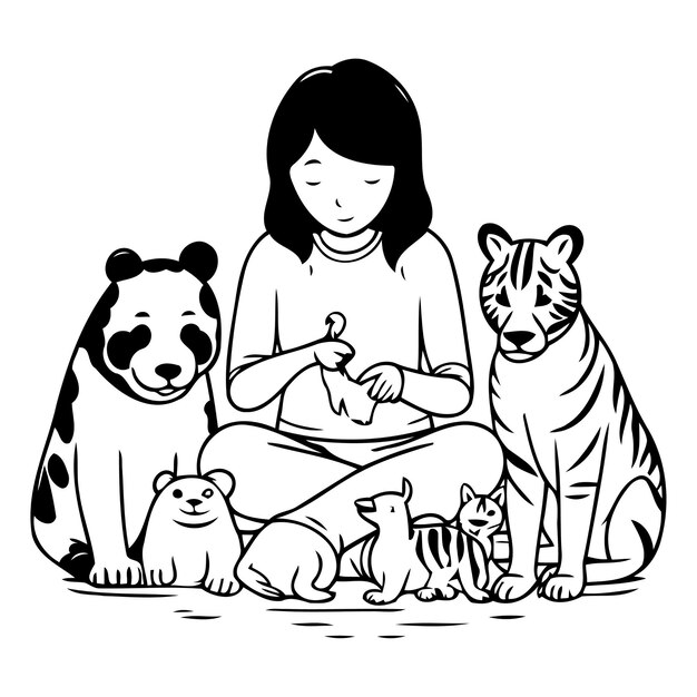 Vetor ilustração vetorial de uma menina sentada com um grupo de gatos e cães