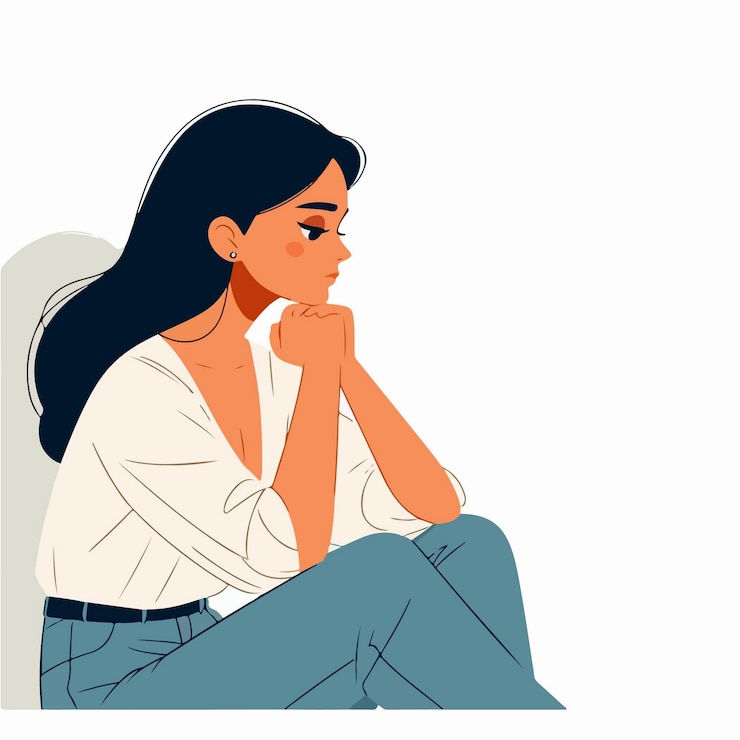 Vetor ilustração vetorial de uma menina sentada pensativa com sentimentos tristes