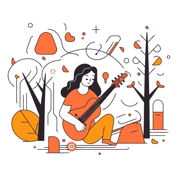 Vetor ilustração vetorial de uma menina tocando guitarra em um parque de outono desenho de arte de linha para banner de publicidade de site, cartaz e impressão