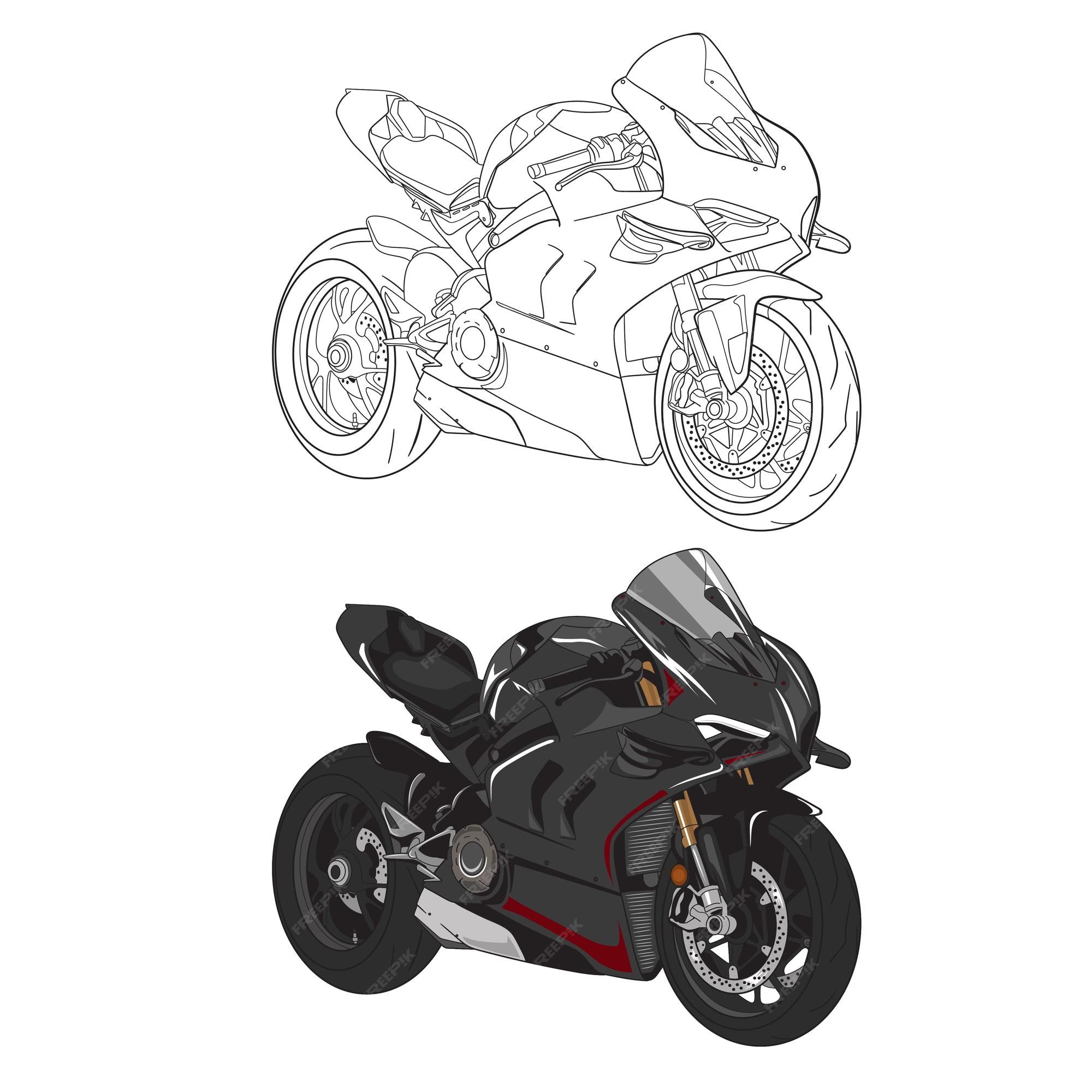 Desenho de motociclista em uma motocicleta, ilustração vetorial de contorno