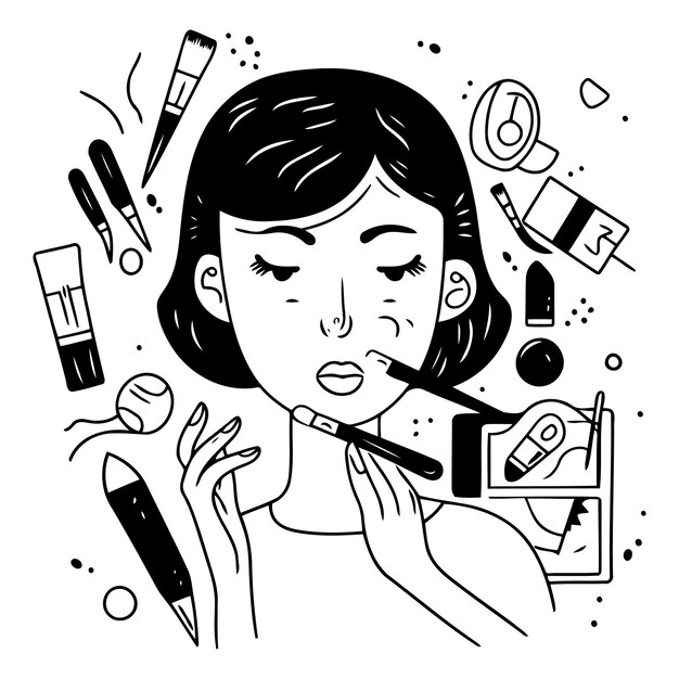 Vetor ilustração vetorial de uma mulher aplicando maquiagem com um pincel