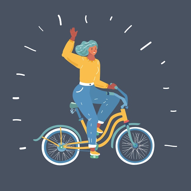 Vetor ilustração vetorial de uma mulher bonita andando de bicicleta em fundo escuro