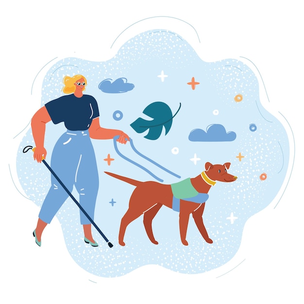 Ilustração vetorial de uma mulher cega caminhando com seu cão guia em um parque