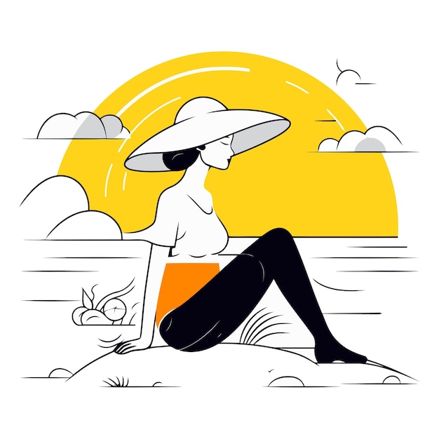 Vetor ilustração vetorial de uma mulher com um chapéu sentada na praia