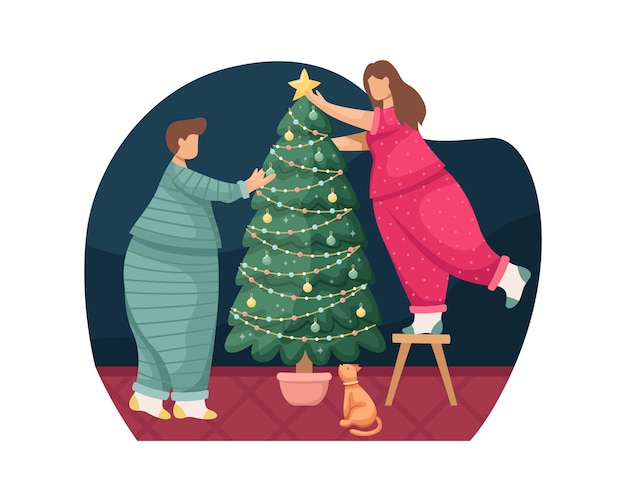Vetor ilustração vetorial de uma mulher e um homem decorando uma árvore de natal com bolas de natal