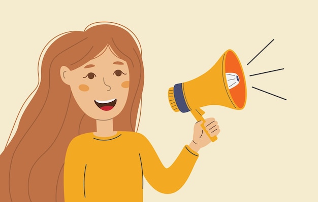 Ilustração vetorial de uma mulher falando em um megafone