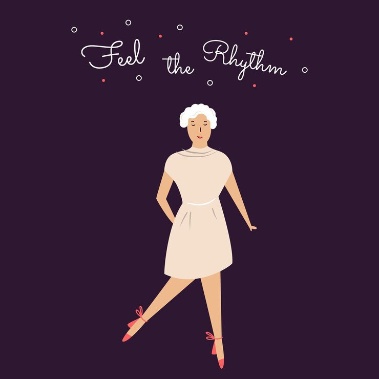 Vetor ilustração vetorial de uma mulher feliz dançando e texto feel the rhythm
